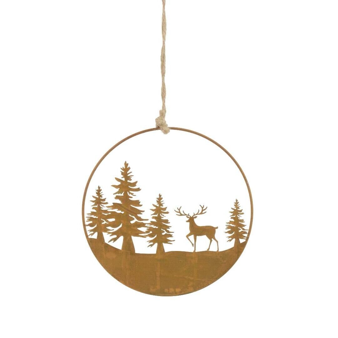 Ascalon Rust Core-Ten Y Hanging Metal Stag Reindeer Winter Forest Garden Ornament 18Cm Diameter