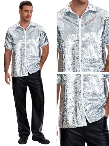 Lars Amadeus Sequin Shirt for Men's Short Sleeve Button Down 70s Disco Party Sparkle Shiny Dress Shirts 5