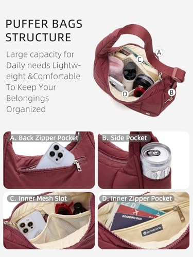 Image of WESTBRONCO Small Puffer Crescent Shoulder Bag for Women, Nylon Quilted Shoulder Purses, Puffy Handbags with Adjustable Strap