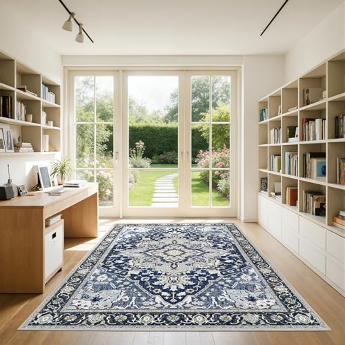 5x7 Blue Boho Area Rug Washable Non-Slip - Low Pile Farmhouse Living Room Bedroom Rug - Machine Washable Medium Indoor Carpet with TPE Backing, Vintage Easy Clean, Navy Blue Multi