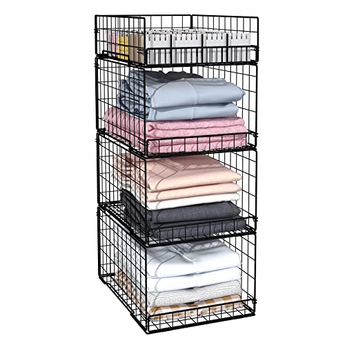 4 Pack Closet Organizers and Storage Shelves for Clothes, 4 Tier Stackable Closet Storage Basket Bin Container for Clothing Sweater Jean, Narrow, Foldable, Sturdy Metal System Organizer Shelf