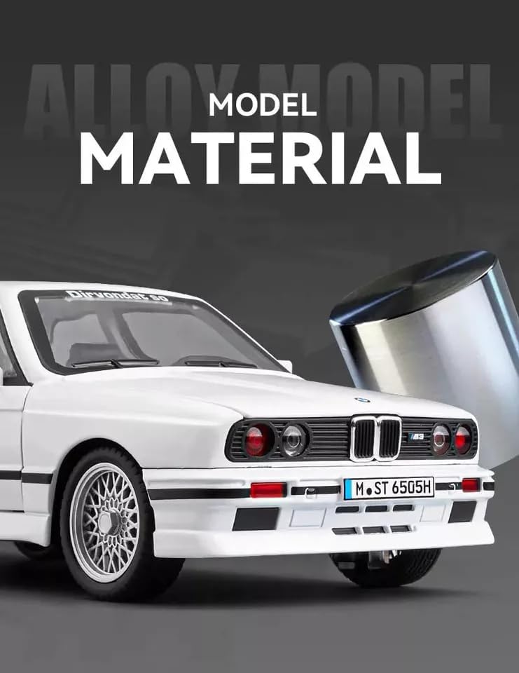 Image of WORSHIPER Big size1:24 B-M-W M3 E30 1988 1:24 diecast Metal Pullback Toy car with openable Doors & Light, Music Boys car for Kids Best Toys Gifts Toys for Kids (1:24 B-M-W M3 E30 -White)