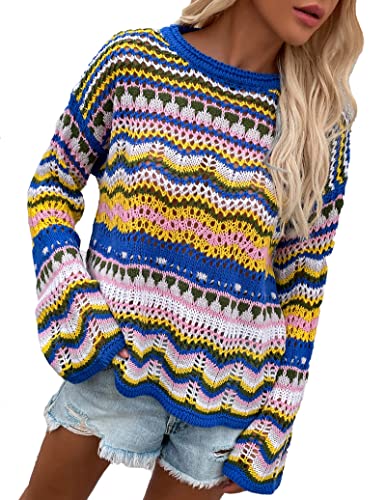 CORIRESHA Women's Y2K Colorful Stripes Crochet Sheer Long Sleeve Casual Knit Pullover Sweater