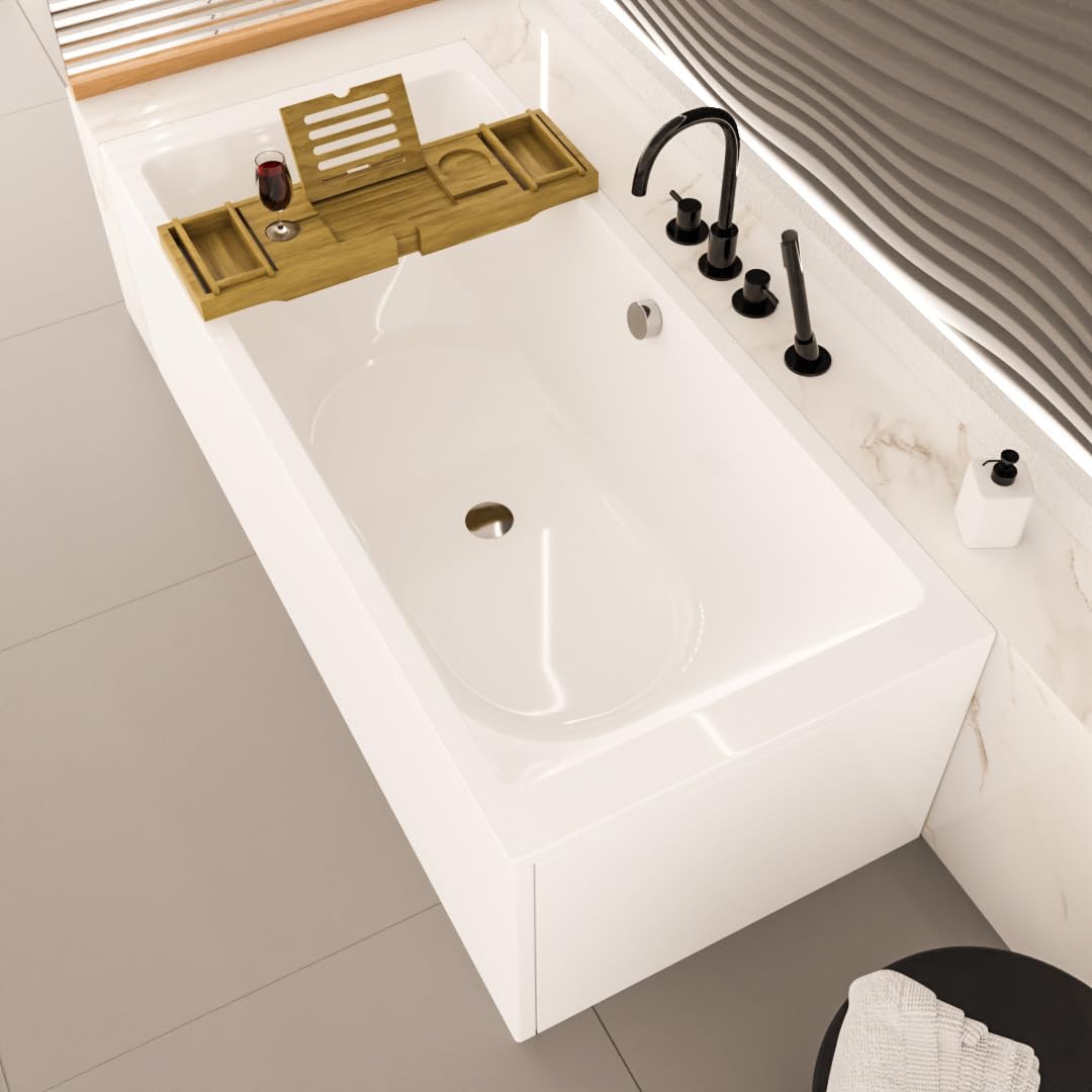 Wanna ECOLAM Tami 200x90 cm + fartuch + półka bambusowa | Nowoczesna, duża wanna dla dwóch osób | Prostokątna wanna akrylowa, najwyższa jakość | Armatura odpływowa, nóżki silikonowe, komplet, design
