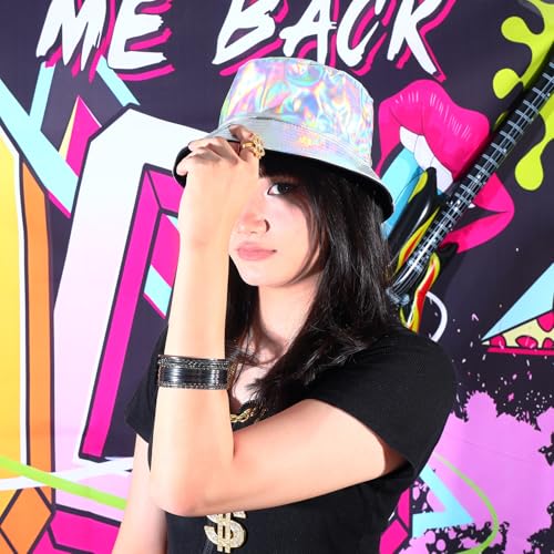Image of Unisex Black Bucket Hat Waterproof Rain Hat Reversible Shiny Rave Bucket Hat for Concert Festival