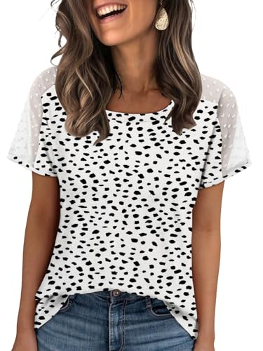 Magritta Women's Fashion Clothes Polka Dot Short Sleeve Casual Blouses 2025 Summer Mesh Short Sleeve Tee White Medium Size