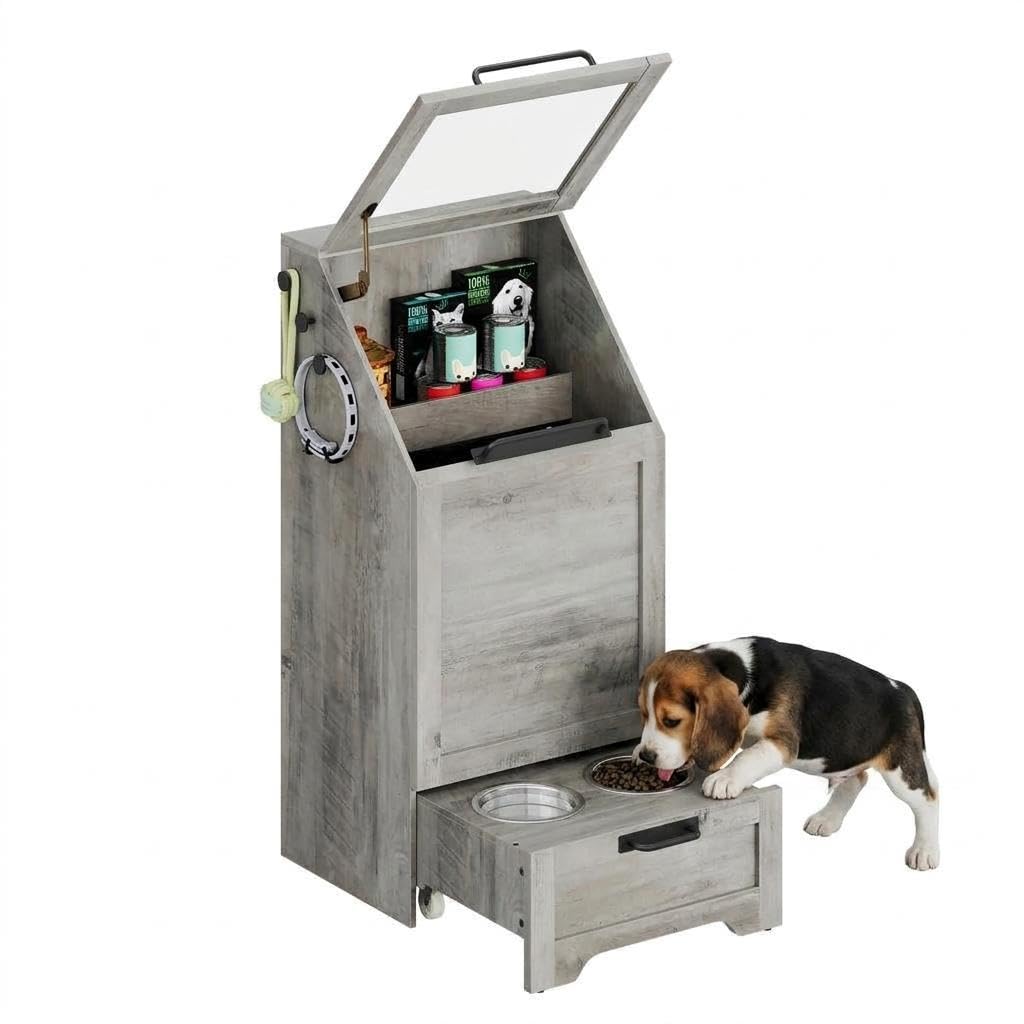 Acekool Armoire de stockage croquettes pour chien - Gamelles surélevées intégrées - Compartiment à ouverture basculante, 3 crochets, organiseur à jouets - Station moderne pour accessoires canins -