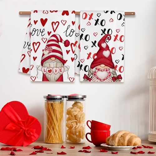 Image of FUTBU Valentines Day Kitchen Towels, Valentines Kitchen Decor Dish Tea Towels 16 inchx23.5 inch Sets of 2, Red Valentine Day Gnomes Decorations for Home Kitchen Towels Housewarming Gifts Bathroom