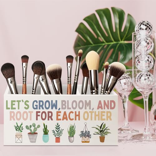 Image of Boho Plant Classroom Wooden Pen Pencil Holder for Office Desk Accessories, Back to School Supplies for Students College Boys Girls Teachers First Day of School, Let's Root for Each Other