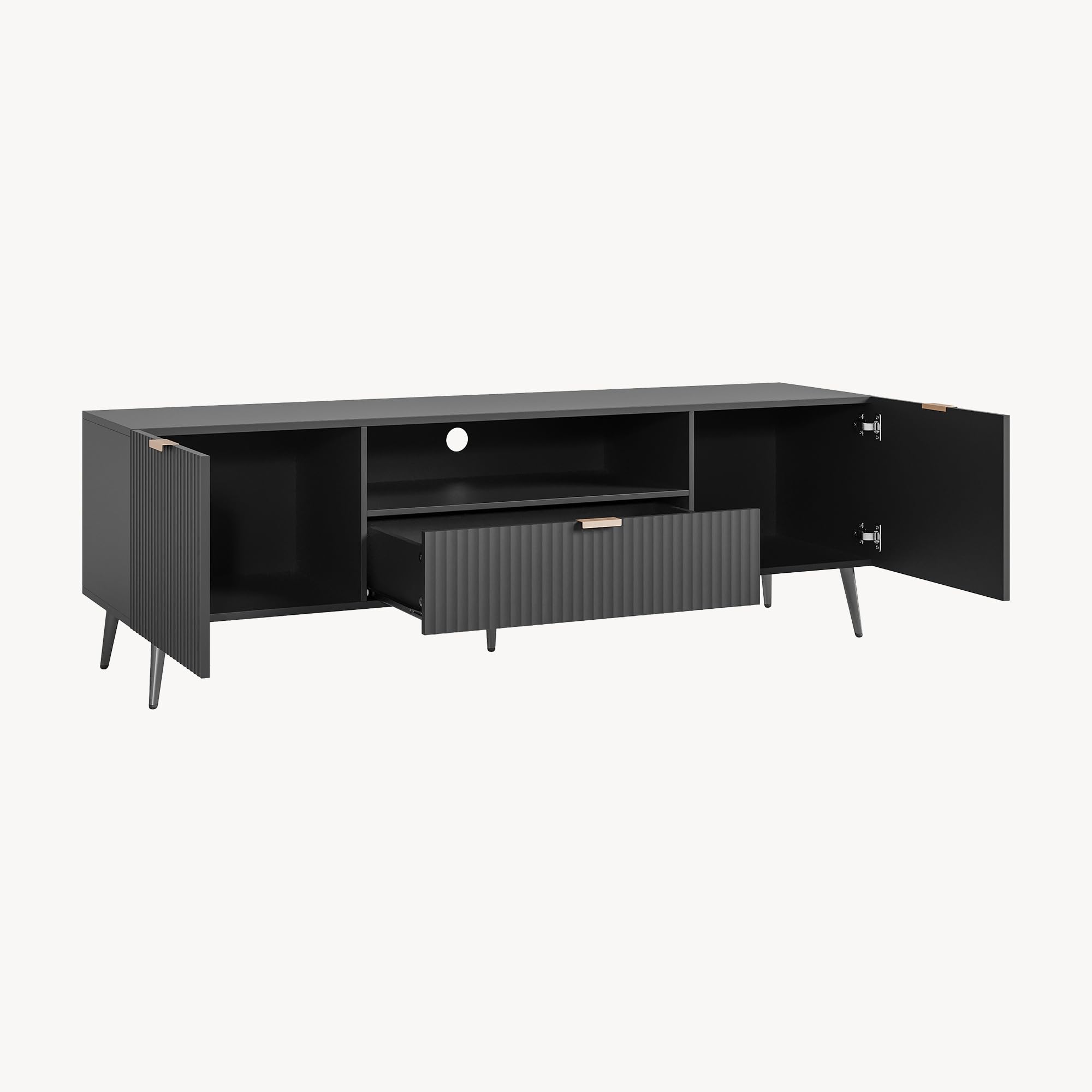 [en.casa] TV Schrank Nand Lowboard mit 2 Türen geriffelt Fernsehschrank mit Schublade 160 x 40 x 51 cm Sideboard Kommode Fernsehtisch Schwarz