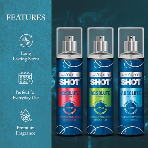 Image of LAYER'R SHOT Absolute Body Spray Combo for Men, 50ml Pack of 3 | Craze, Game & Power | Bold & Fresh Long-Lasting Fragrance | Skin-Friendly, No Stains, IFRA Certified