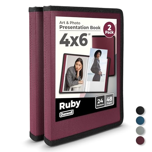 Dunwell Small Photo Album 4x6 (2-Pack, Ruby), 4 x 6 Photo & Art Portfolio Presentation Book, Each Shows 48 Pages, Professional Mini Photo Book for 4x6 Pictures, Postcards, Artwork, Keepsakes