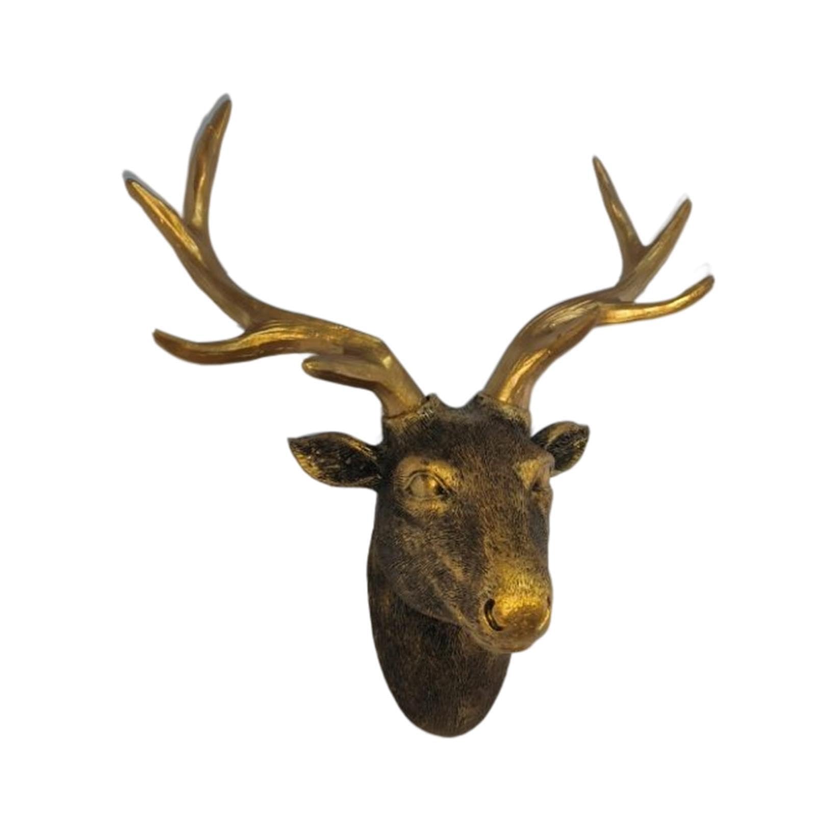 YIXANNX Realistic Simulated Animal Head Wall Sculpture Elk Living Room Decor Rustic Decoration Accessories Unique Craftsmanship Accessories Statue 3D, Copper, 23x12.5x28cm
