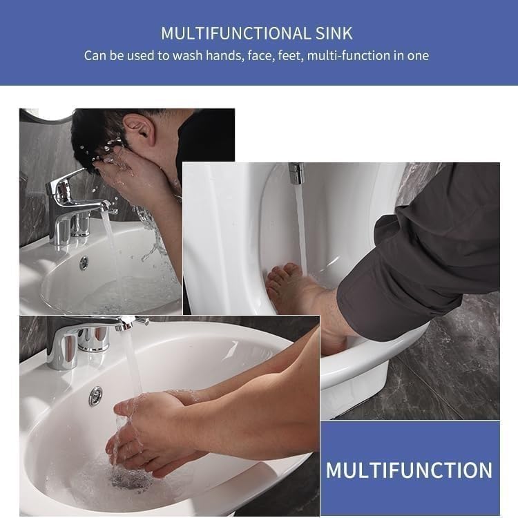 Lavabo de cerámica de doble etapa, grifo giratorio de 360 grados con zona de lavado de pies, fregadero vertical Wudu para rituales de baño, diseño de porcelana resistente, kit completo de accesorios