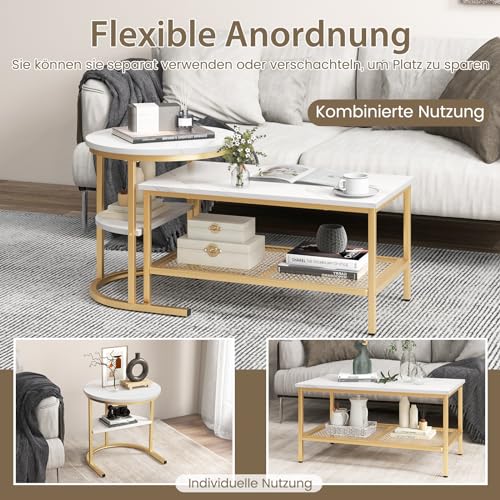 COSTWAY 2er Set Couchtisch, Beistelltisch Marmor Optik mit Metallrahmen & Ablage, Kaffeetisch Wohnzimmertisch Sofatisch für Wohnzimmer, Schlafzimmer (Weiß + Golden) – Bild 5