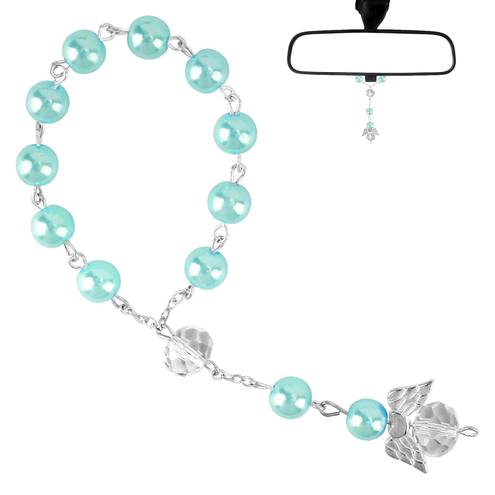 Car Rosary Rearview Mirror,Guardian Angel Car Rosary,Guardian Angel Car Hanging Ornament,Auto Rosary Hanging,Mirror HangingOrnament for Protection Safe Travel,Catholic Christian Gift (Blue)