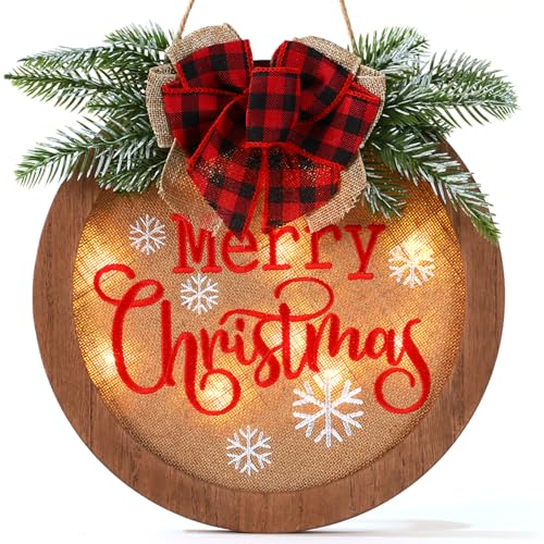 HOMCDALY Christmas Welcome Sign for Front Door, Winter Merry Christmas Wreath, Farmhouse Door Decoration Wooden Hanging Sign, Winter Home Decoration (F-Xmas)
