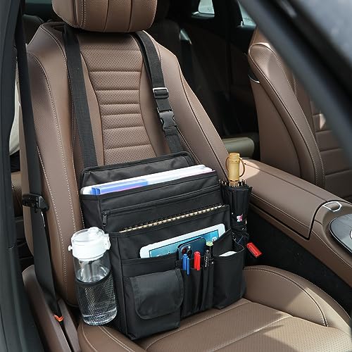 Car Front Seat Organizer for Paperwork File Laptop Mobile Office, Multi Compartment Storage Bag with Cup holder and Adjustable Strap for Car Work Truck Van - Image 5
