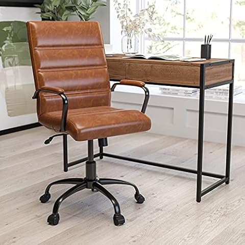 Merrick Lane Milano Contemporary Mid-Back Brown Faux Leather Home Office Chair with Padded Black Arms Cover