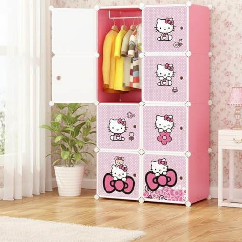 Image of KRISHYAM Kids Modular Storage Cabinet with Pink Kitty Cartoon Design Doors, 8 Cube Plastic Wardrobe Organizer, DIY Closet System with Hanging Rod, Toy & Clothes Storage (Hello Kitty, 8 Box)