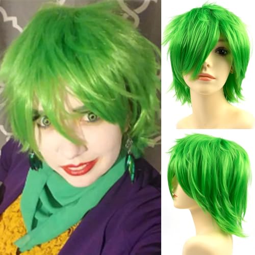 Rose bud Anime Halloween Green Wig for Cosplay Party, Synthetic Layered Short Hair Wigs with Bangs, Pastel Wigs for Women Men Kids