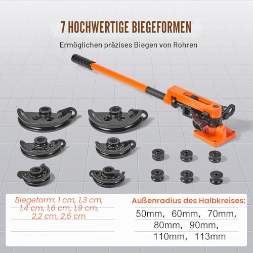 VEVOR Rohrbiegegerät Ø10-25mm (7 Matritzen) Manuelle Rohrbieger 0-180° Handrohrbieger 50-113mm Biegeradius Rohrbiegemaschine Kupfer-, Aluminium, Edelstahlrohren mit einer Wandstärke von 0 bis 2mm