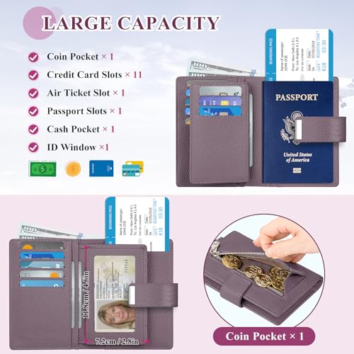 BKNOOU RFID Blocking Passport Holder with Airtag - Leather Travel Passport Wallet for Women, Slim Bifold Travel Passport Holder Holds Cards & Tickets & Cash (Light Purple)4