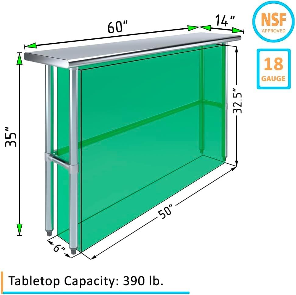 Image of 60″ x 14″ Open-Base Stainless Steel Work Table - NSF Certified Narrow Commercial Prep Table with Galvanized Legs for Kitchens, Labs & Food Trucks
