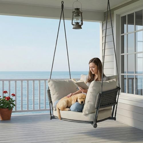 Image of Swing Chair Outdoor, Single Hanging Porch Swing, Ceiling Hanging Chair for Bedroom, 106 inch Adjustable Rope Swinging Chair Indoor, Heavy Duty 400lbs Patio Outdoor Swings for Deck /Balcony, Beige
