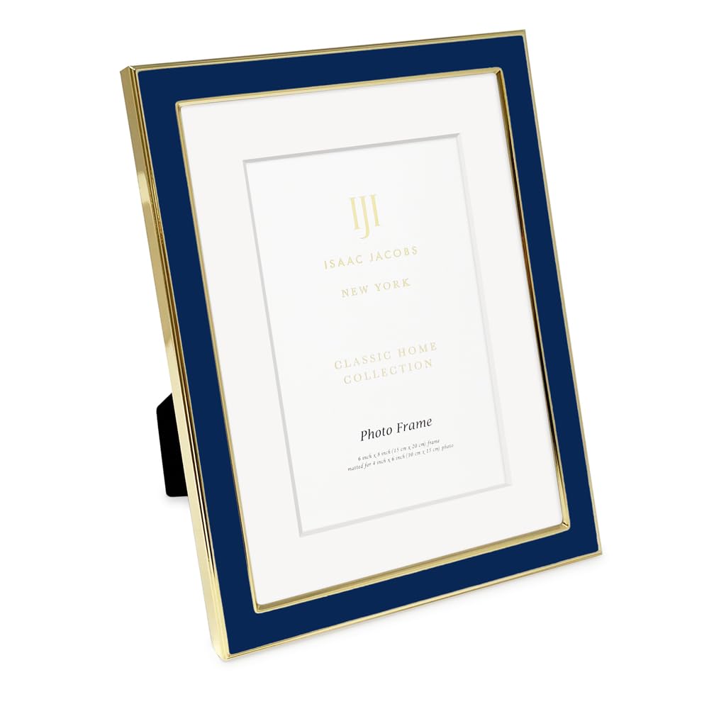Isaac Jacobs 6x8 (Matted 4x6) Navy Enamel Picture Frame with Gold Metal Edge and Easel, Tabletop Display, Wall Décor, Photo Gallery, (6x8 (Matted 4x6), Navy with Gold)