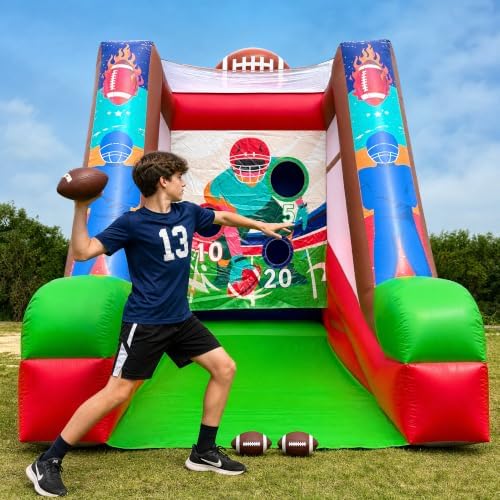 Inflatable Football Toss Game with Blower, Commercial Grade PVC Football Quarterback Challenge Game, 3-Target Scoring Inflatable Carnival Game for Outdoor Fun, Home & Rental Use