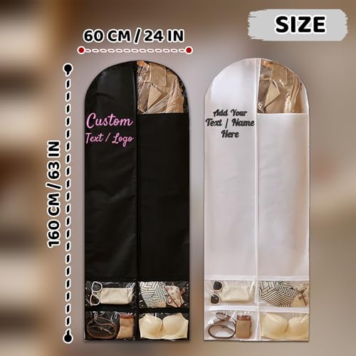 [2 Pack] Custom Garment Bags Clothes Covers, 63'' Storage Garment Protectors Hanging Suit Bags Embroidered Name/Text Dress Bag for Gowns Long with 4 Pockets for Closet - White & White2