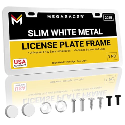Image of Premium Slim Gloss White License Plate Frame - 1 Piece, Rust-Free & Rattle-Free Stainless Steel, Street Legal, Universal with Screw Caps, Thin Edged Metal Front or Rear Car Tag Holder for Men & Women