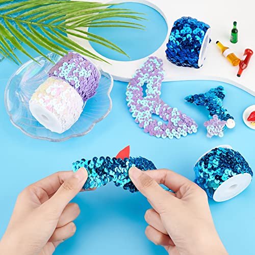 Ph Pandahall 10 Yard Elastic Sequin Trim, 4 Colors 20Mm Blue Sequin Ribbon Trim Metallic Paillette Fabric Ribbon Shiny Trim For Women Mermaid Dress Halloween Costume Headband Sewing #TOP5