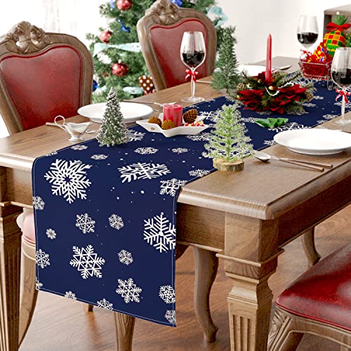 Winter Table Runner, Christmas Table Runner Navy Blue Snowflakes Winter Table Decorations For Indoor Outdoor Holiday Party Dining Table Decor (13" X 72") #TOP2