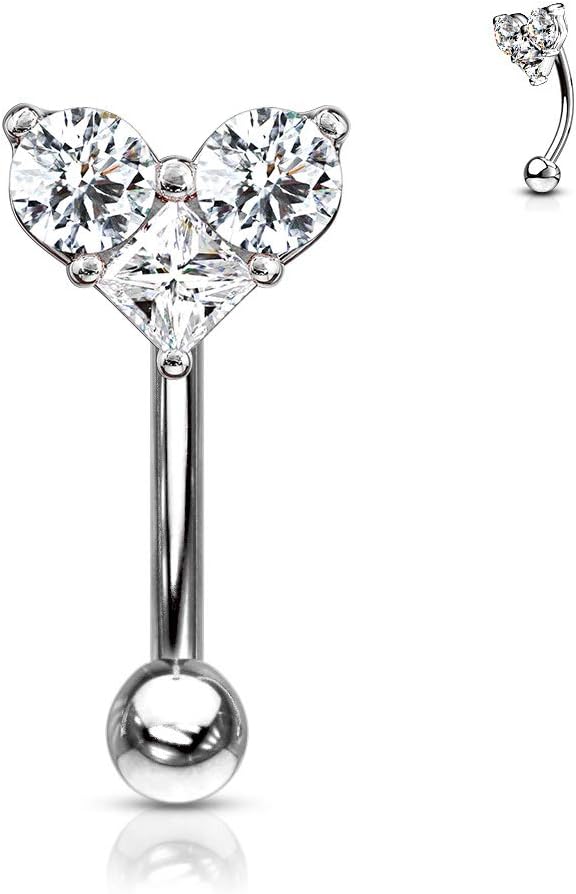 Amelia Fashion 16 Gauge Three Prong Set Round and Square CZ Heart Curved Barbell/Eyebrow Ring 316L Surgical Stainelss Steel (Choose Color)