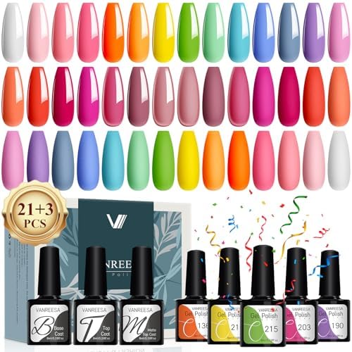 VANREESA 24 Pcs Gel Nail Polish Set 21 Popular Colors Gel Nail Polish Base Coat Glossy & Matte Top Coat White Pink Green Blue Purple Nail Kit Gifts for Women DIY at Home