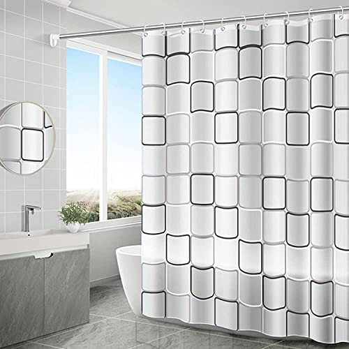 SKY-TOUCH Transparent Shower Curtain 180x200cm Square Print Design Eco-Friendly Waterproof Heavy-Duty with Anti-Mold Protection for Bathroom and Bathtub