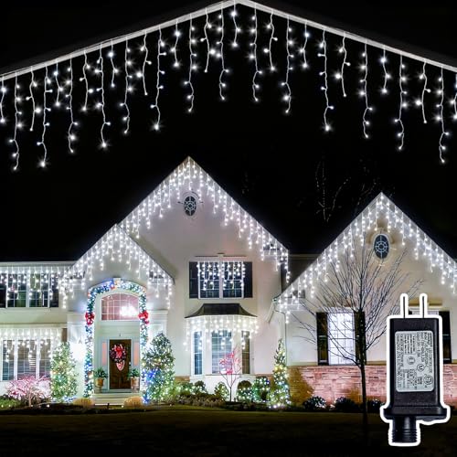 BYIZO Christmas Outdoor Icicle Lights - 200 LED 21+16 FT 8 Modes Curtain Fairy String Light Plug in Waterproof for Eaves Yard Holiday Xmas Holiday Indoor Outdoor Decoration - White