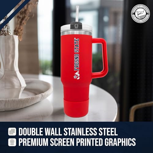 Image of Campus Colors College & University 40 oz Travel Tumbler With Handle - Dual Option Lid With Straw - Vacuum Insulated Stainless Steel (Fresno State Bulldogs - Red)