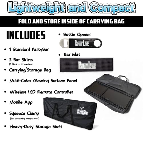 Image of PartyLife Glowing LED Surface Portable Bar Table w /Mobile App, Folding Steel Legs, 2 Bar Skirts, Supportive Storage Shelf & Carrying Case - Black Skirt