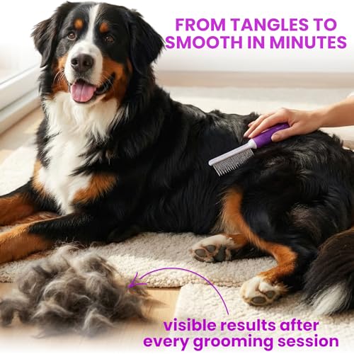 Poodle Pet Detangling Pet Comb with Long & Short Stainless Steel Teeth for Removing Matted Fur, Knots & Tangles – Detangler Tool Accessories for Safe & Gentle DIY Dog & Cat Grooming
