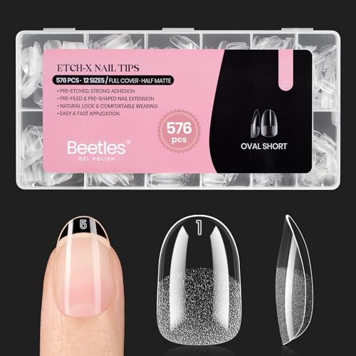 Image of Beetles Gel Nail Tips Short Oval 576Pcs, 12 Sizes Pre-Shaped Half Matte Press On Nails Gelly Tips False Nails for Gel Full Cover False Nails Home DIY Nail Salon Gifts for Girls Women
