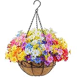 12 Bundles Artificial Flowers with Hanging Planter, Faux Plastic Fabric Hanging Flowers Daisy with 1