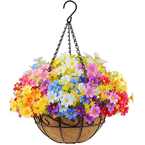 12 Bundles Artificial Flowers With Hanging Planter, Faux Plastic Fabric Hanging Flowers Daisy With 10" Hanging Basket Pot Coconut Lining Flowerpot For Outdoor Indoor Patio Lawn Garden Courtyard Décor #TOP10