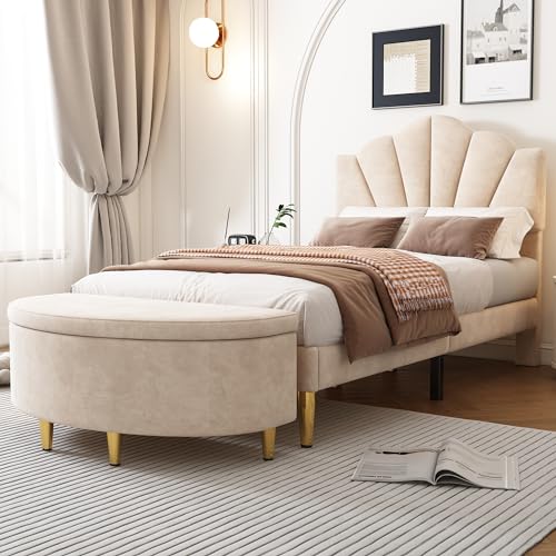 NuvlaGu Cama tapizada de 90 x 200 cm de terciopelo con banco, cabecero de conchas de altura regulable, estructura de cama con somier, banco de almacenamiento, patas metálicas doradas, color rosa