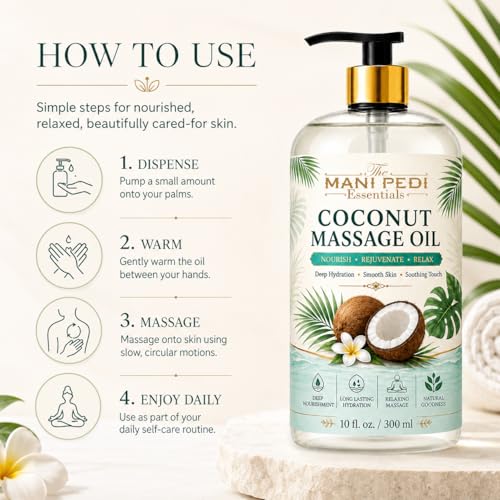 Image of TMPE Coconut Massage Oil for Body Massage, Lightweight Moisturizing Body Oil, Spa Massage Oil for Dry Skin, Relaxing Routine and Daily Body Care-300ml