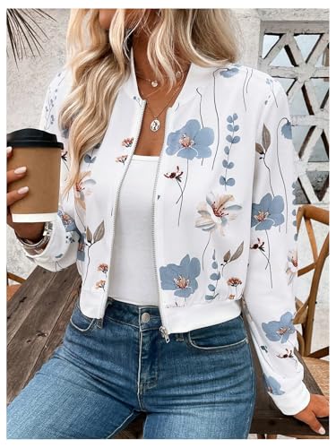OYOANGLE Women's Bomber Jacket Floral Print Zip Up Long Sleeve Cropped Jackets Outerwear3