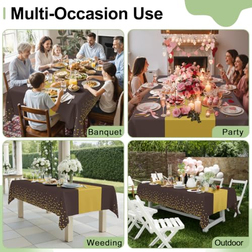 Image of Smiry Plastic Table Cloth Disposable 4 Pack, 54 x 108 Inch Rectangle Waterproof Tablecloth, Printed Gold Table Runner Style for Birthday Weeding, Party Decorations, Leakproof & Sturdy, Gold and Coffee