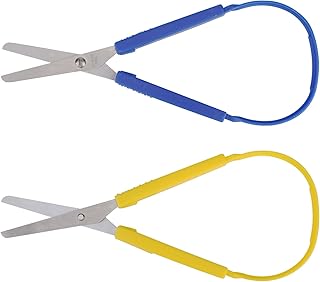 2PCS Loop Grip Scissor Set, 2 Colors Blue Yellow Handle Self-Opening Adaptive Cutting Scissors Kit for Student Teenager and Adults Special Needs Do Paper Sewing Work Artcraft